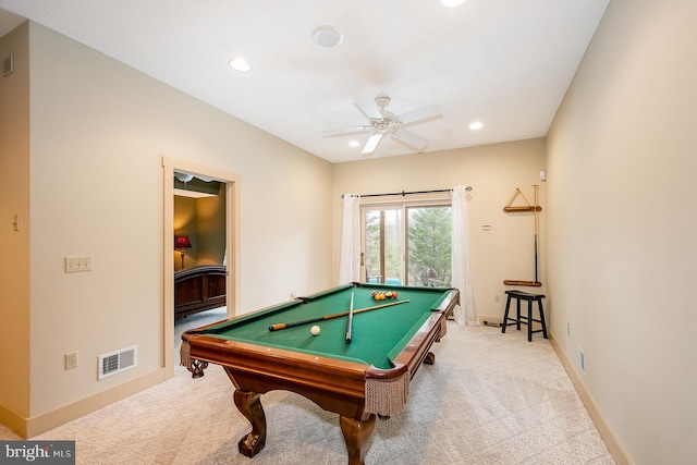 recreation room featuring ceiling fan, light carpet, and pool table