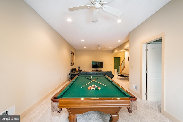 playroom featuring ceiling fan, carpet floors, and billiards