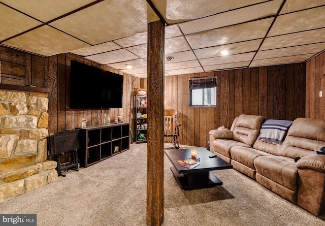 716 Marshall St, Edgewater Park, NJ 08010 - living room featuring carpet floors and wooden walls