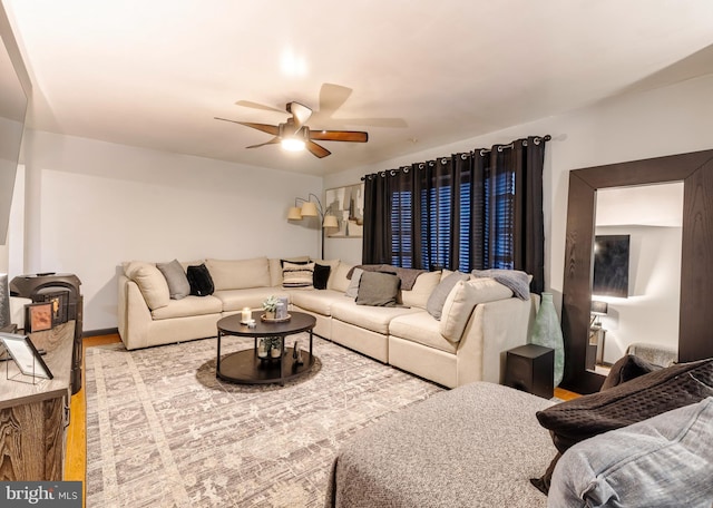 716 Marshall St, Edgewater Park, NJ 08010 - living room featuring wood finished floors, ceiling fan, and baseboards