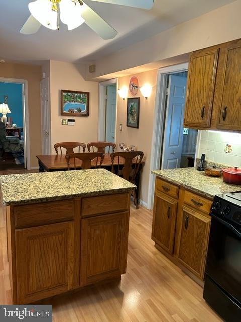 kitchen featuring light stone countertops, light wood-type flooring, tasteful backsplash, and black / electric stove