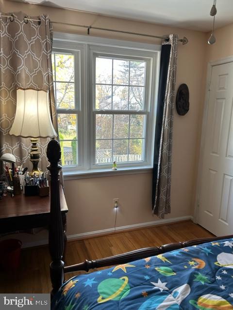 bedroom with hardwood / wood-style floors and multiple windows