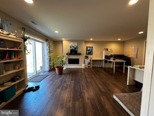 living room with dark wood-type flooring