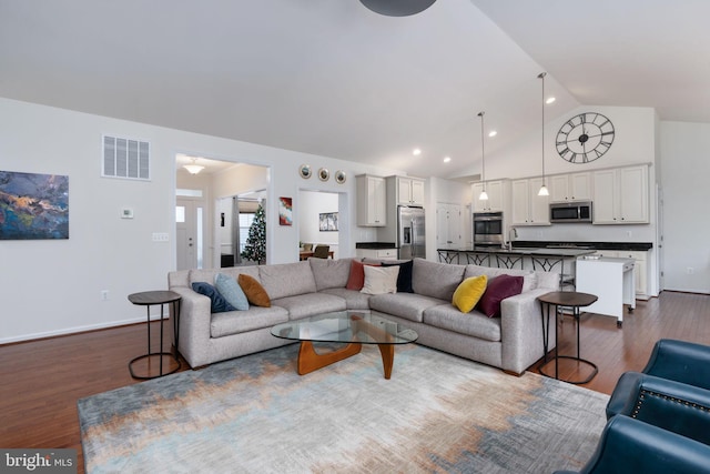 living room with sink, high vaulted ceiling, and dark hardwood / wood-style floors