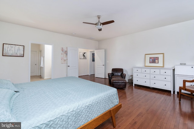 bedroom with ceiling fan and dark hardwood / wood-style flooring