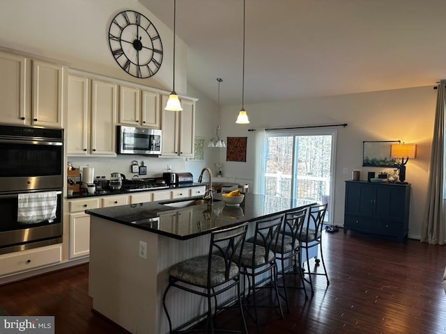 kitchen with dark hardwood / wood-style flooring, stainless steel appliances, a kitchen island with sink, sink, and pendant lighting