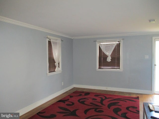 spare room featuring wood-type flooring and ornamental molding