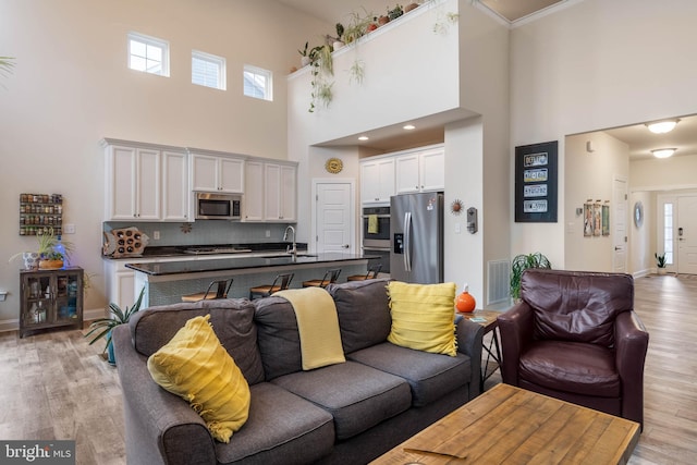 living room featuring sink, light hardwood / wood-style floors, a high ceiling, and ornamental molding