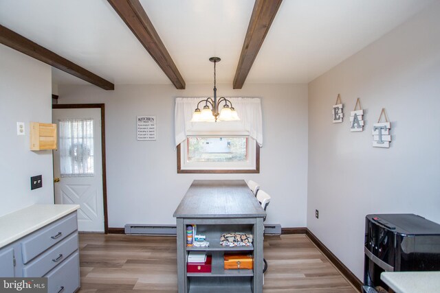 dining area featuring beam ceiling, light wood-style floors, an inviting chandelier, a baseboard radiator, and baseboards