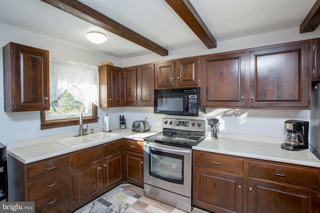 kitchen featuring beam ceiling, electric stove, a sink, black microwave, and light countertops