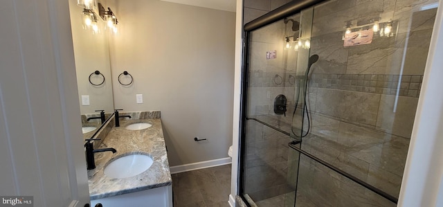 bathroom with walk in shower, vanity, toilet, and hardwood / wood-style flooring