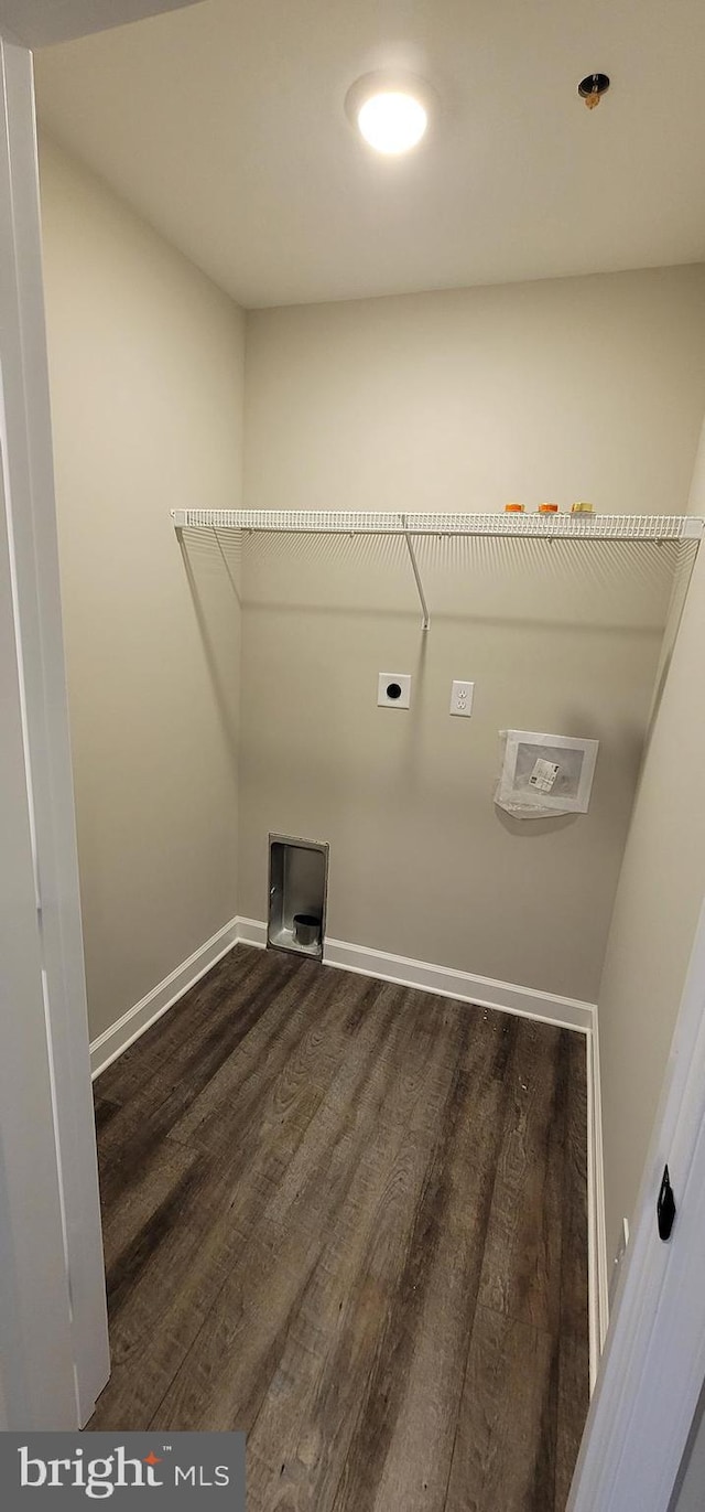 clothes washing area with dark hardwood / wood-style flooring and hookup for an electric dryer