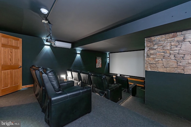 cinema room with carpet flooring and a wall mounted air conditioner