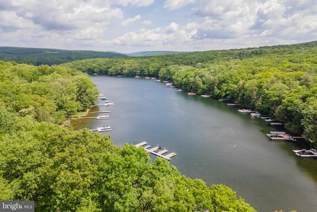 aerial view featuring a water view