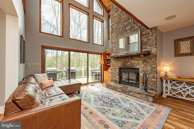 living room with high vaulted ceiling, light hardwood / wood-style flooring, a wealth of natural light, and a stone fireplace