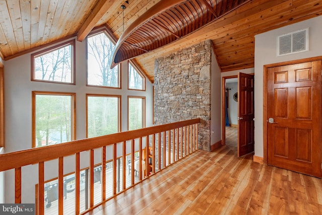 hall featuring light hardwood / wood-style flooring, beamed ceiling, wooden ceiling, and high vaulted ceiling