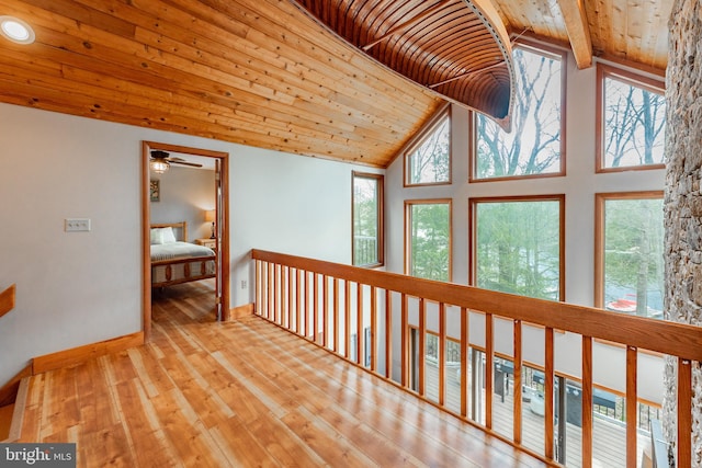 hall featuring beam ceiling, plenty of natural light, wood ceiling, and light hardwood / wood-style flooring