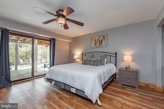 bedroom with light wood-type flooring, access to outside, and ceiling fan