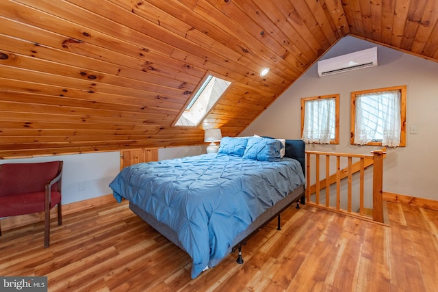 bedroom featuring vaulted ceiling with skylight, wood ceiling, an AC wall unit, and light hardwood / wood-style flooring