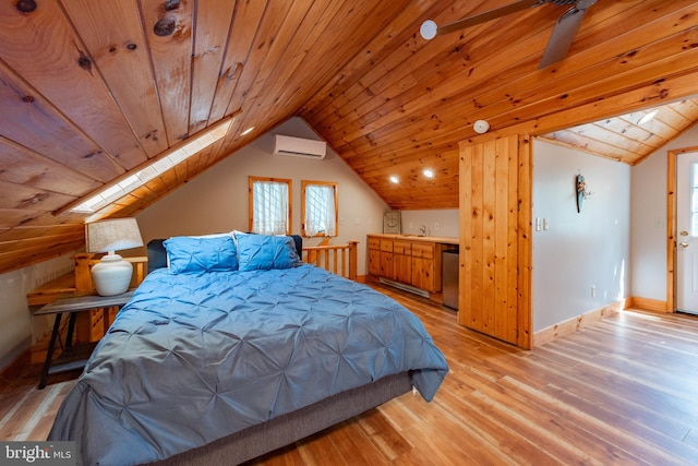 bedroom with sink, a wall mounted AC, light hardwood / wood-style floors, vaulted ceiling, and wood ceiling