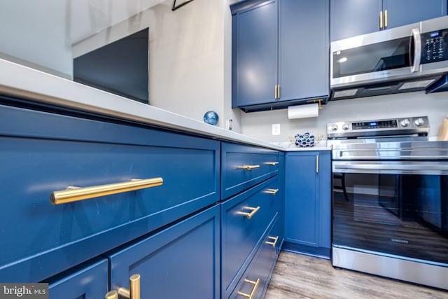 kitchen featuring blue cabinetry, light hardwood / wood-style flooring, and stainless steel appliances