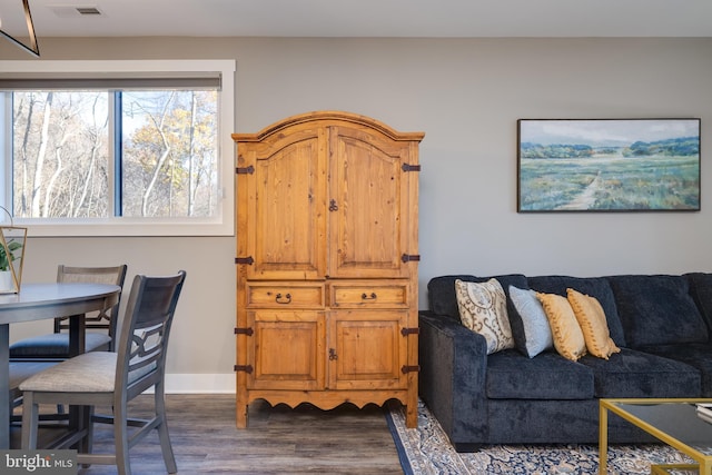 living room with dark hardwood / wood-style floors