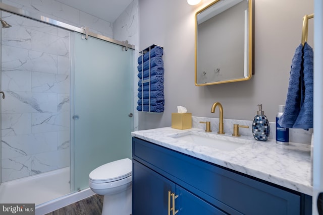 bathroom with vanity, wood-type flooring, a shower with shower door, and toilet