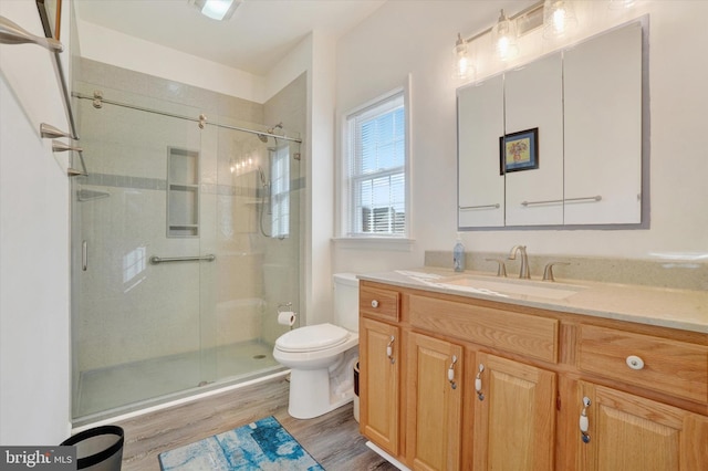 bathroom with vanity, wood-type flooring, a shower with shower door, and toilet