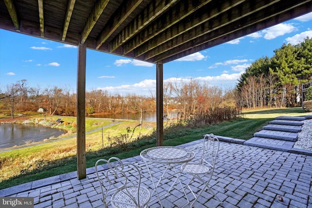 view of patio featuring a water view