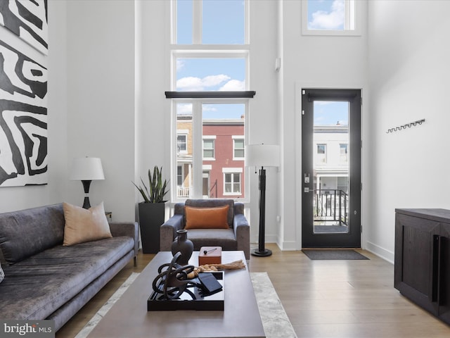 living room with light wood-type flooring and a high ceiling