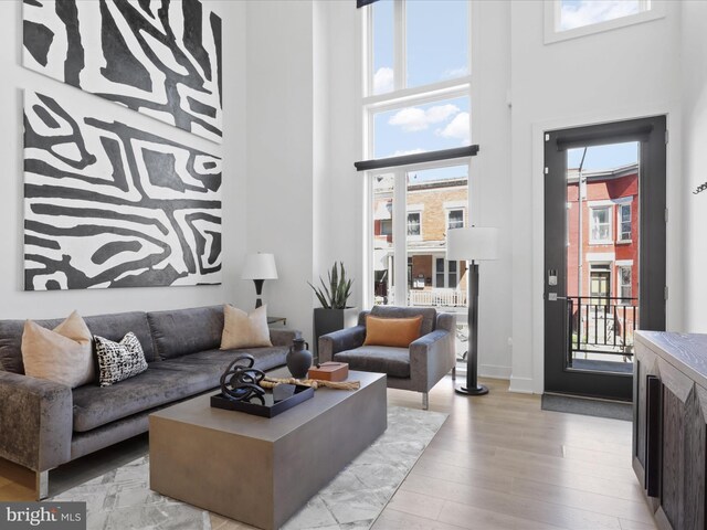 living room featuring light hardwood / wood-style floors and a towering ceiling