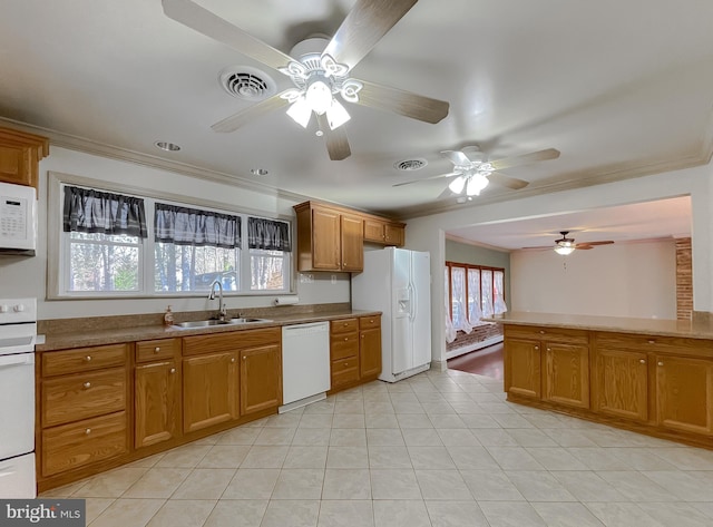 kitchen with a healthy amount of sunlight, crown molding, white appliances, and sink