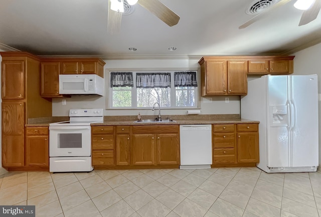 kitchen with ceiling fan, sink, crown molding, white appliances, and light tile patterned floors