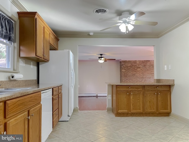 kitchen featuring ceiling fan, white appliances, ornamental molding, and a baseboard heating unit