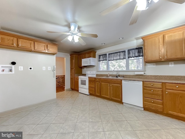 kitchen featuring white appliances, ceiling fan, crown molding, and sink