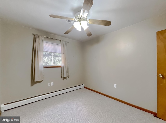 carpeted empty room with baseboard heating and ceiling fan