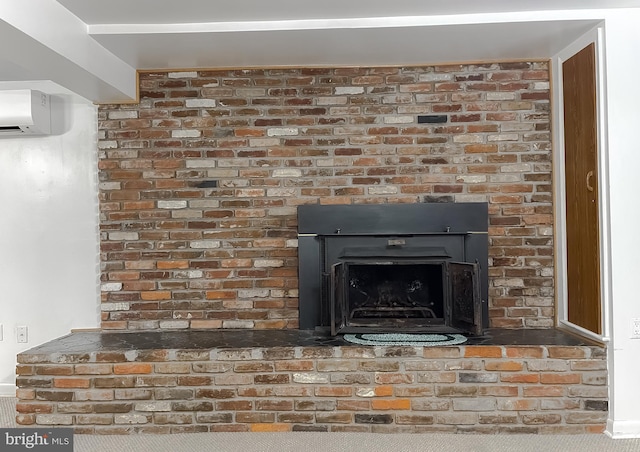 details featuring carpet, a wall mounted air conditioner, and a wood stove