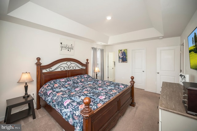 bedroom with a raised ceiling and light carpet