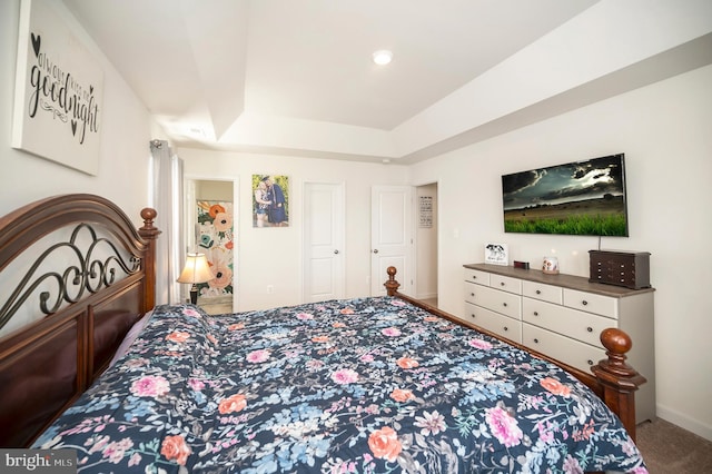 carpeted bedroom featuring a raised ceiling