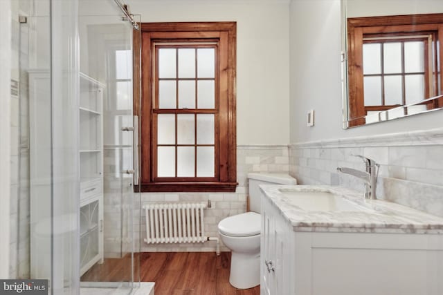 bathroom featuring hardwood / wood-style floors, vanity, radiator, and a healthy amount of sunlight