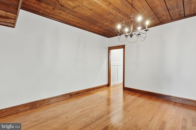 empty room with wooden ceiling, a notable chandelier, and light hardwood / wood-style floors