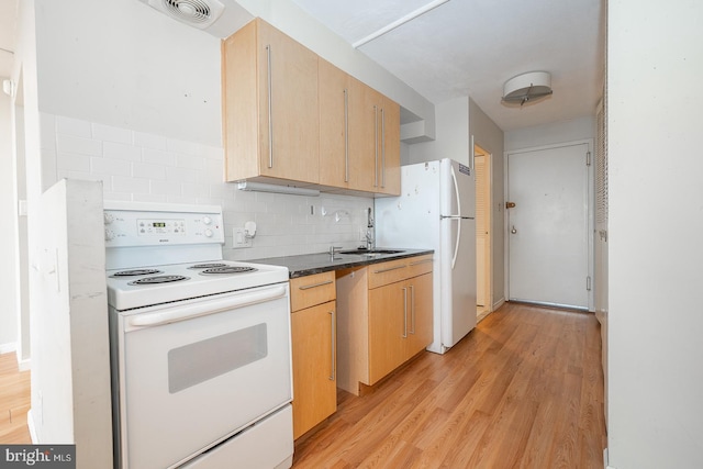 1901 John F Kennedy Blvd Unit 2305, Philadelphia, PA 19103 - kitchen with white appliances, light brown cabinets, light wood finished floors, and backsplash