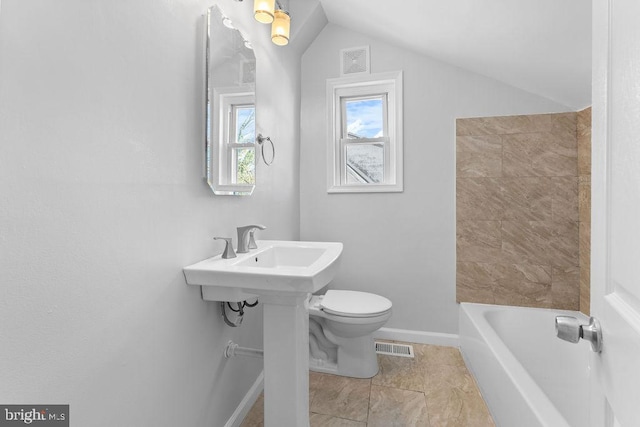 bathroom with independent shower and bath, vaulted ceiling, and toilet