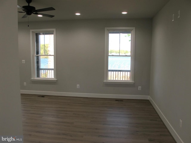 1240 Shore Dr, Colonial Beach, VA 22443 - spare room featuring dark wood finished floors, recessed lighting, baseboards, and a ceiling fan