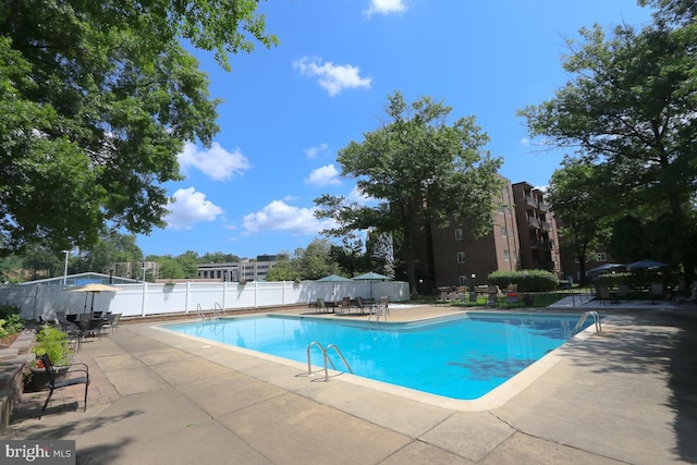 view of swimming pool featuring a patio area