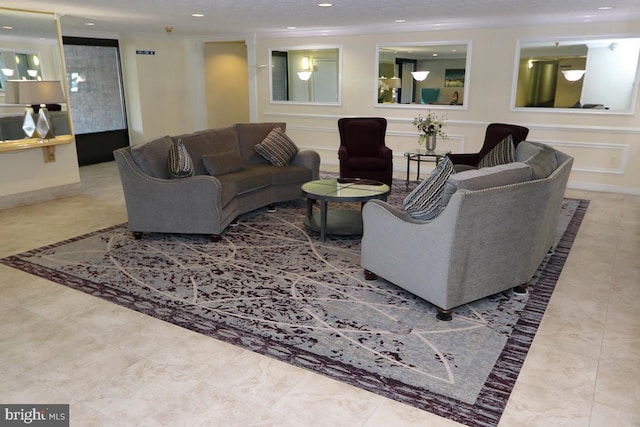 living room with a textured ceiling