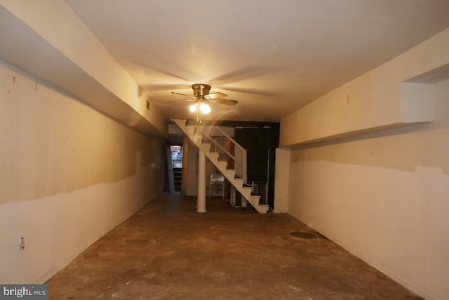 basement featuring ceiling fan