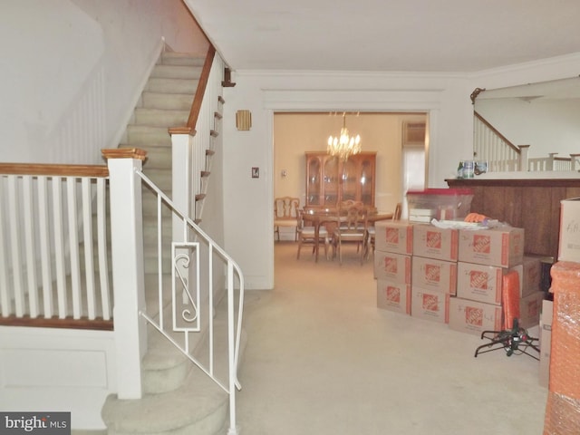 stairs featuring carpet, an inviting chandelier, and ornamental molding