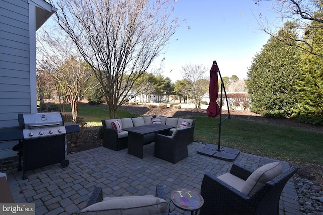 view of patio / terrace featuring an outdoor hangout area and grilling area