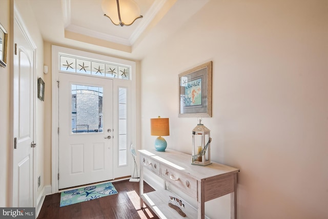 foyer featuring ornamental molding, a raised ceiling, and dark wood-type flooring